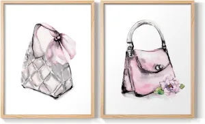 Renditions Gallery Set of 2 Peel & Stick Framed Prints, Watercolor Abstract Wall Art, Unique Fashion Princess Handbag Wall Decor, Re-Stickable - Ready to Hang - 8"x10" - NATURAL WOOD Frame LT590