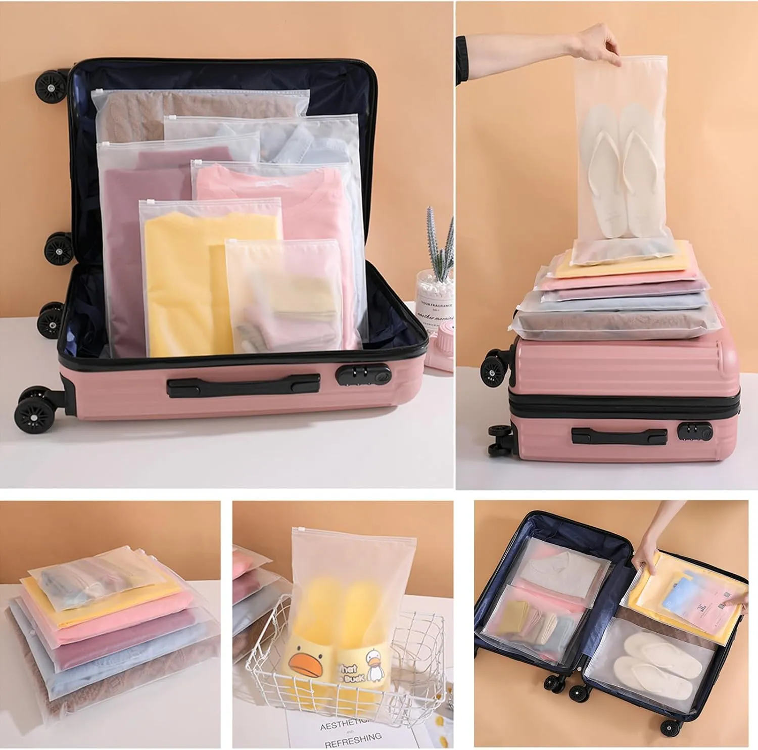Reusable Frosted & Transparent Zipper Clothing Bags | Multipurpose PEVA Sealable Travel Storage Bags for Underwear & Garments | 8" x 10" / 20 x 25 cm | (50 Pack)
