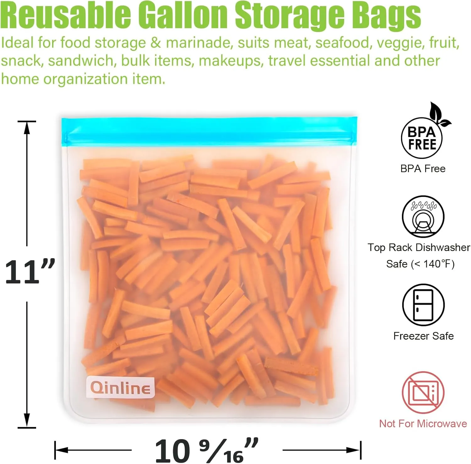 Reusable Gallon Food Storage Bags - 10 Pack Reusable Gallon Freezer Bags, Extra Thick Leakproof Silicone & Plastic Free Reusable Lunch Bag for Marinate Meats, Sandwich, Snack, Travel