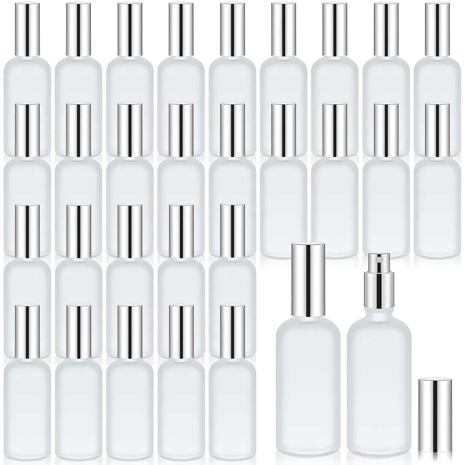 Roshtia 30 Pcs 3.4 oz Silver Glass Spray Bottle Clear Empty Bottles Small Refillable Reusable Perfume Containers with Fine Mist Sprayer Pump for Face Body Travel