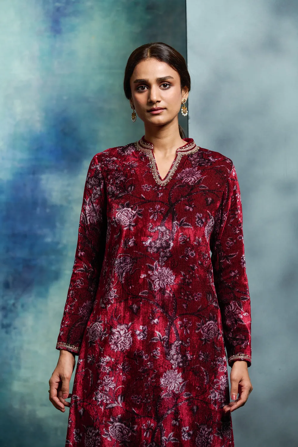 Ruby Silk Velvet Embroidered Kurta