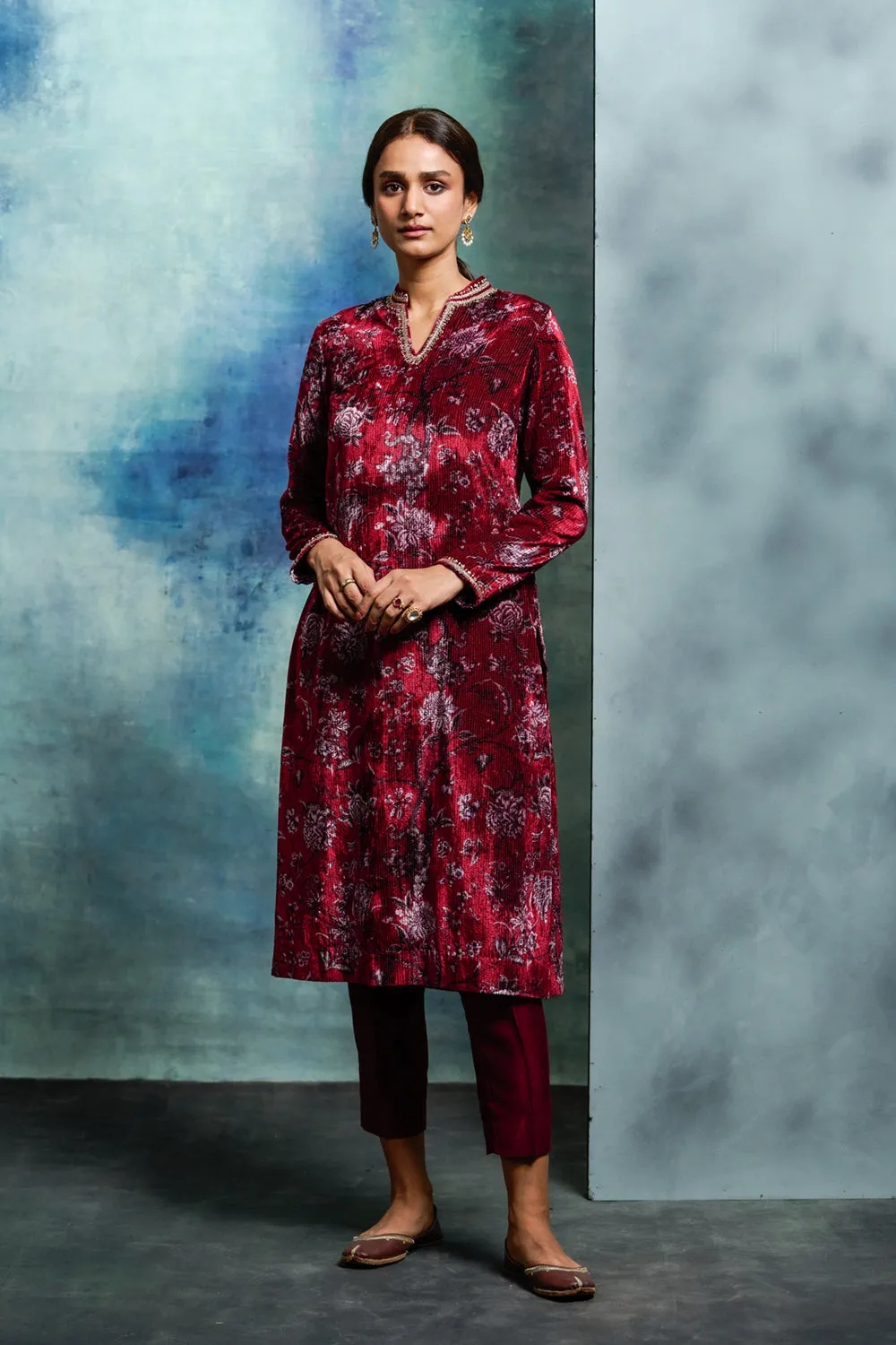 Ruby Silk Velvet Embroidered Kurta