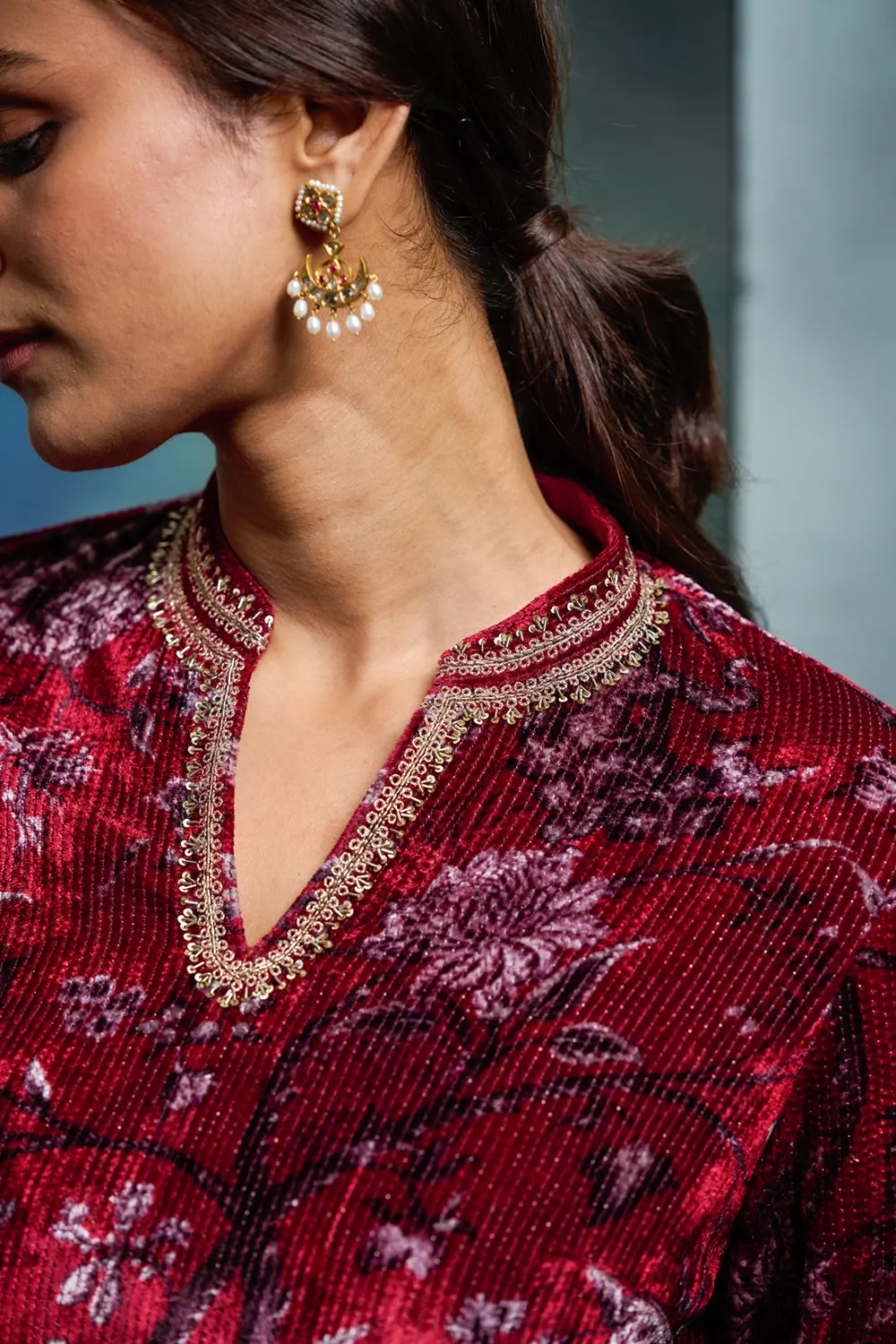 Ruby Silk Velvet Embroidered Kurta