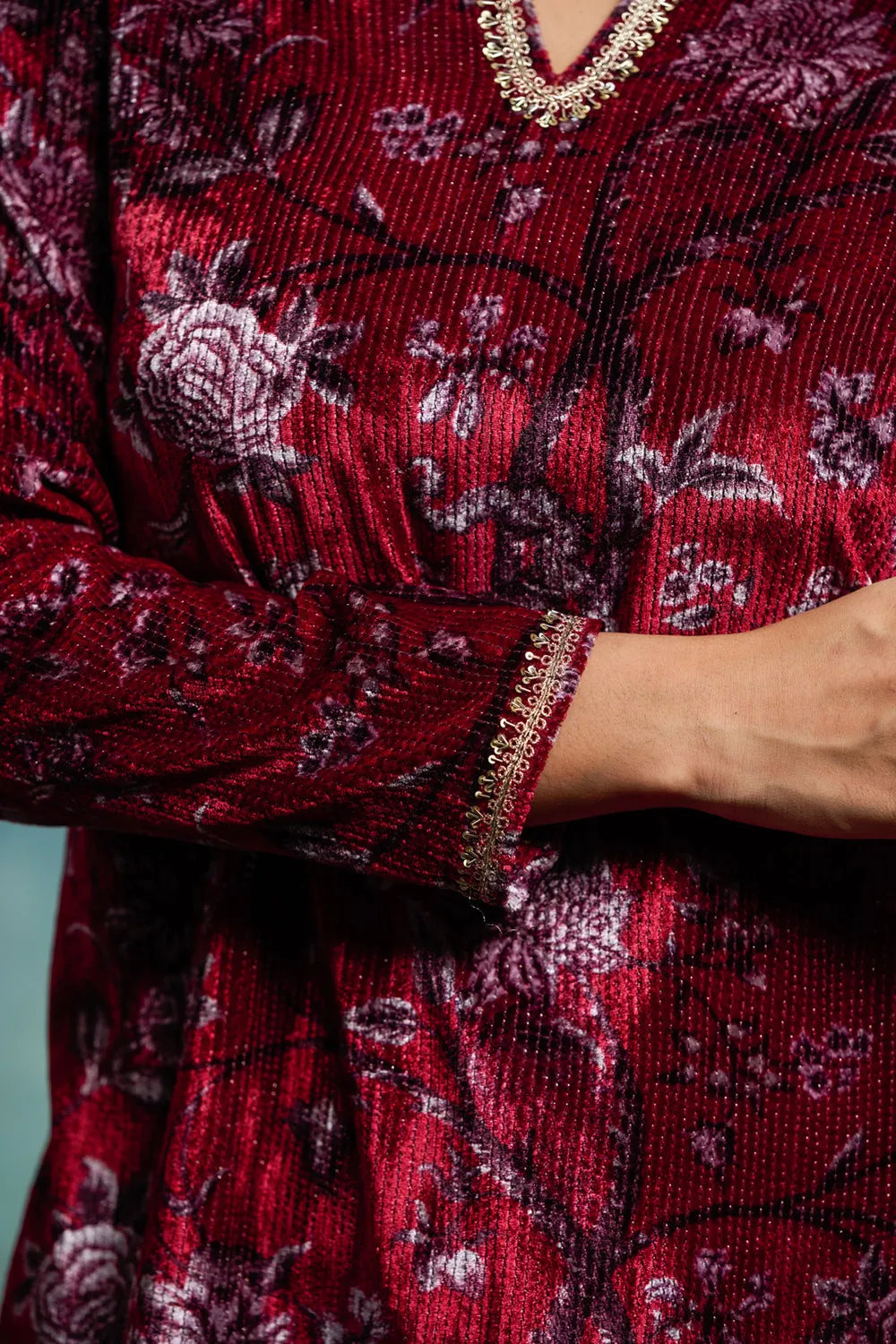 Ruby Silk Velvet Embroidered Kurta