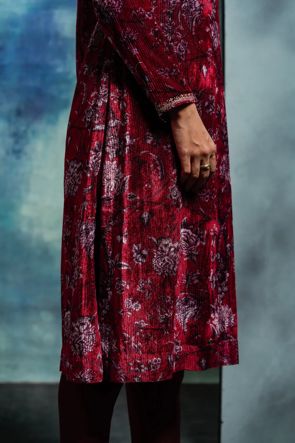 Ruby Silk Velvet Embroidered Kurta