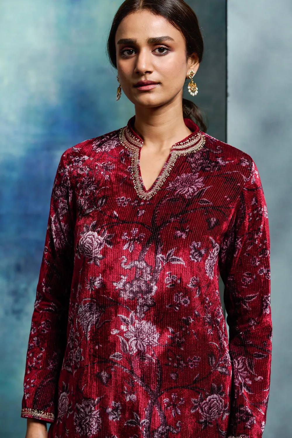 Ruby Silk Velvet Embroidered Kurta