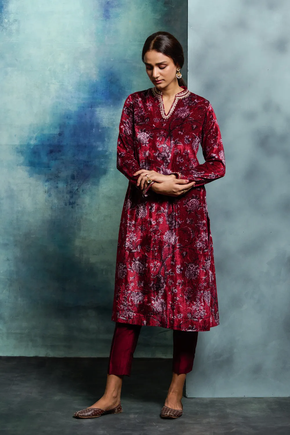 Ruby Silk Velvet Embroidered Kurta