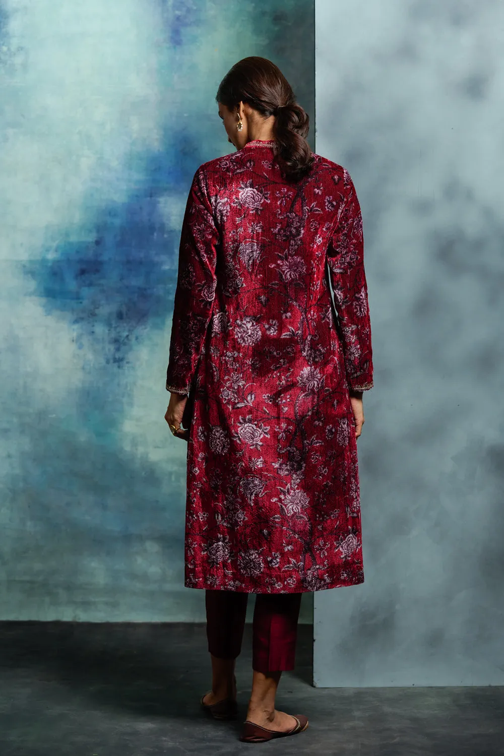 Ruby Silk Velvet Embroidered Kurta