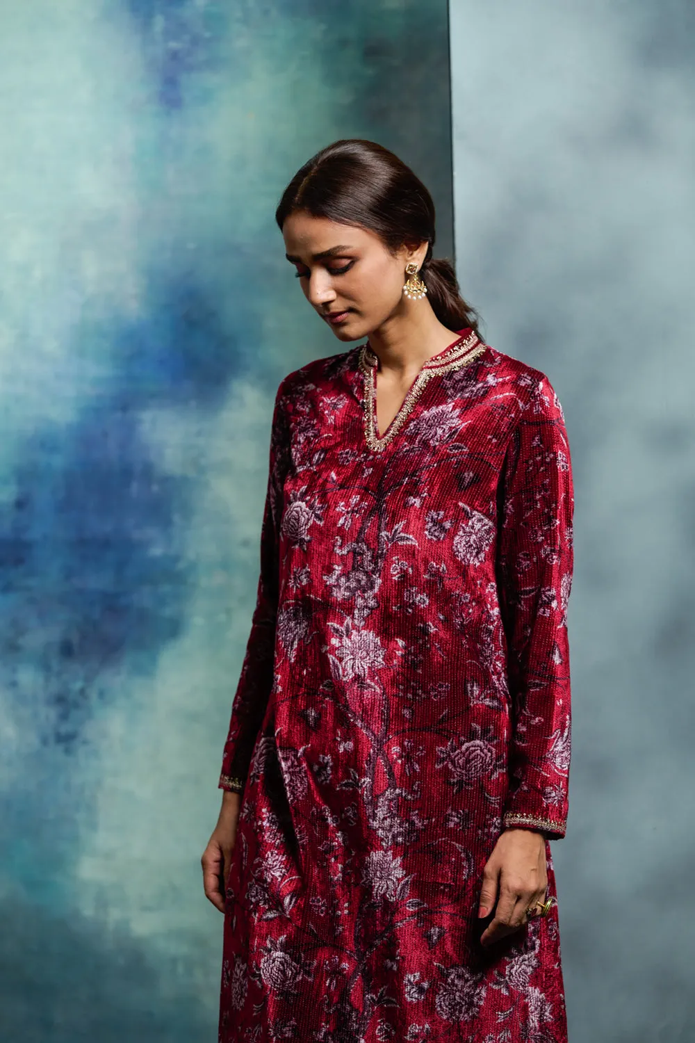 Ruby Silk Velvet Embroidered Kurta