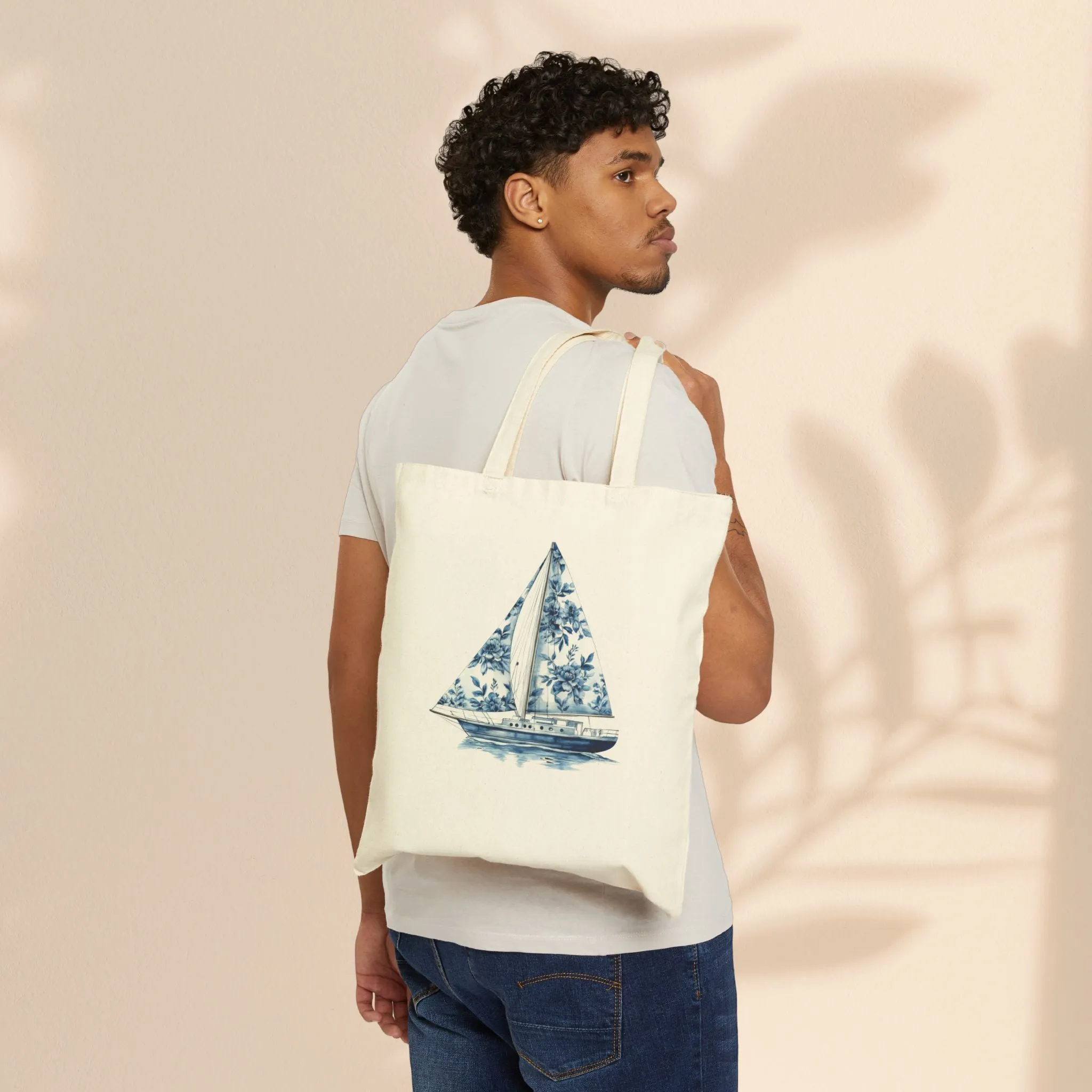 Sailboat Floral Cotton Canvas Tote Bag - Eco-Friendly Beach & Everyday Carry