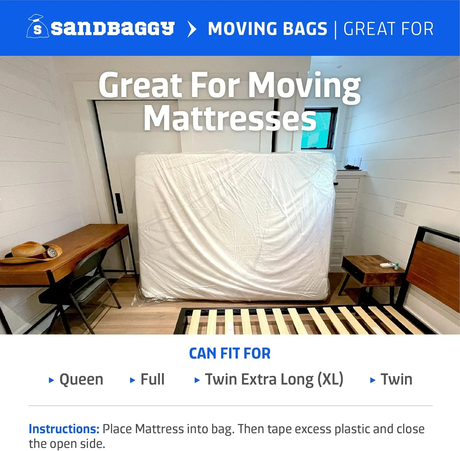 Sandbaggy Mattress Bag | Made in USA | for Moving or Storage | Can Fit Twin, Twin XL, Full & Queen Beds | Also Great for Covering Furniture | Built w/ 1 Month UV | 1.5 Mil Thick (4, Clear)
