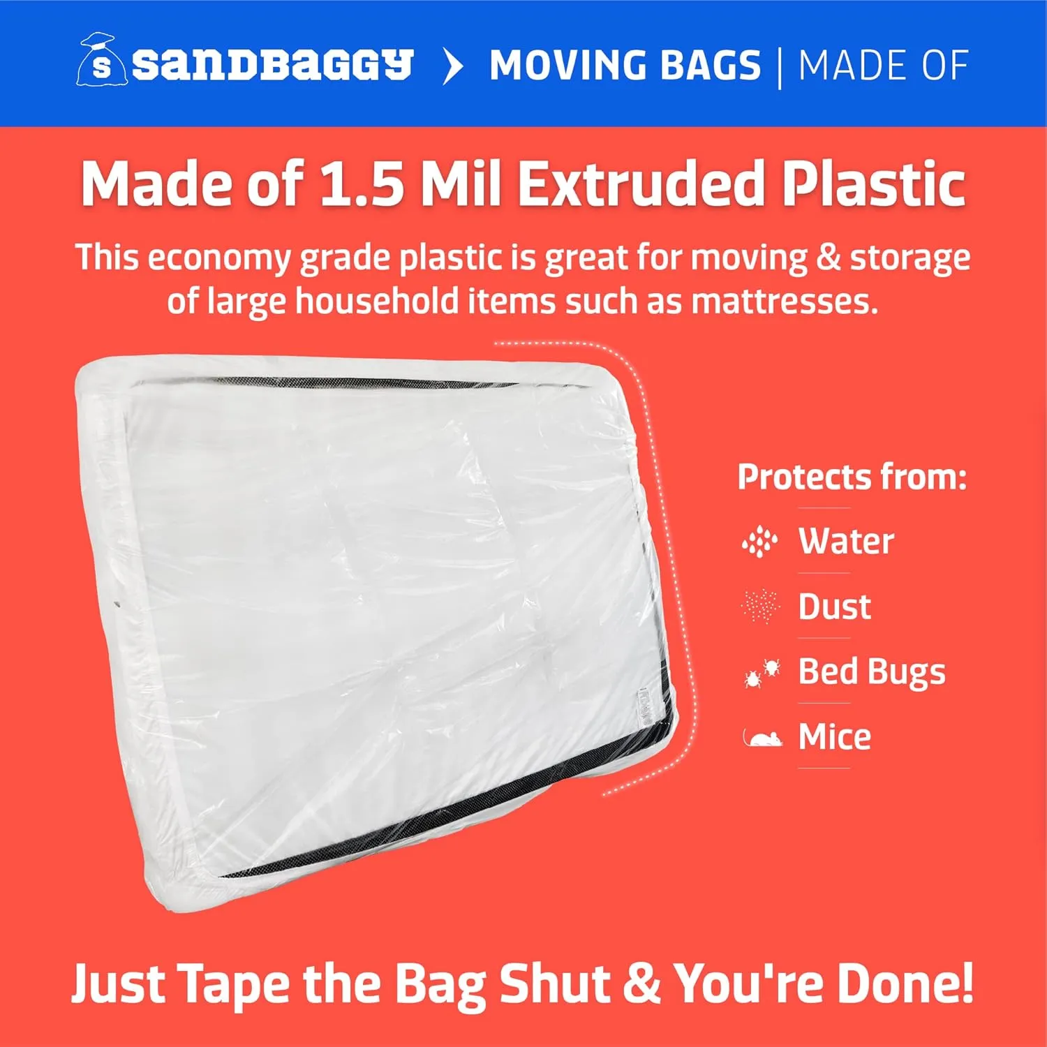 Sandbaggy Mattress Bag | Made in USA | for Moving or Storage | Can Fit Twin, Twin XL, Full & Queen Beds | Also Great for Covering Furniture | Built w/ 1 Month UV | 1.5 Mil Thick (4, Clear)