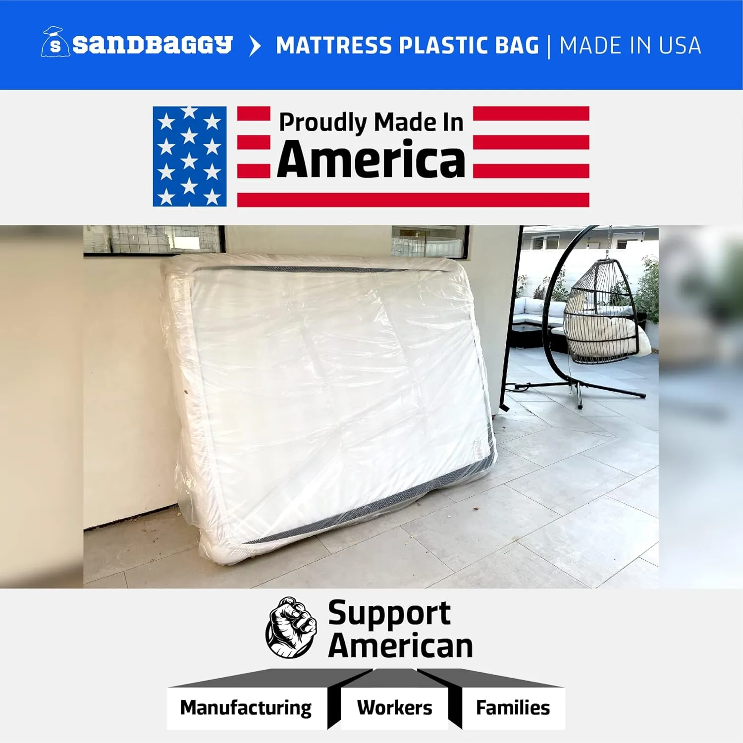 Sandbaggy Mattress Bag | Made in USA | for Moving or Storage | Can Fit Twin, Twin XL, Full & Queen Beds | Also Great for Covering Furniture | Built w/ 1 Month UV | 1.5 Mil Thick (4, Clear)