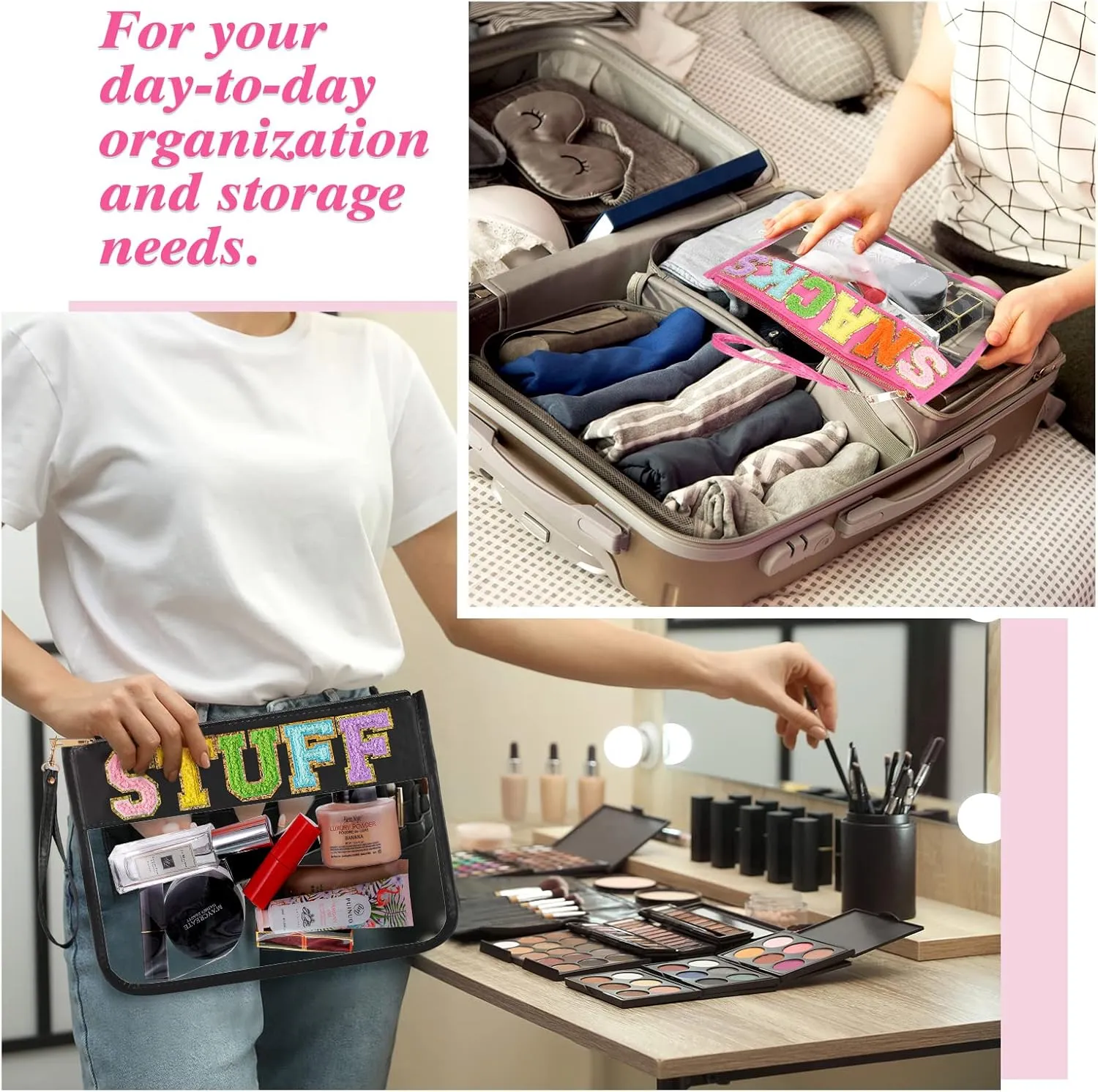 Sanwuta 2 Pcs Chenille Letter Clear Zipper Pouch Clear Cosmetic Bag Makeup Letter Bag Stadium Purse Transparent Travel Patch Pouch (Classic Stuff, Snacks,Black, Pink)