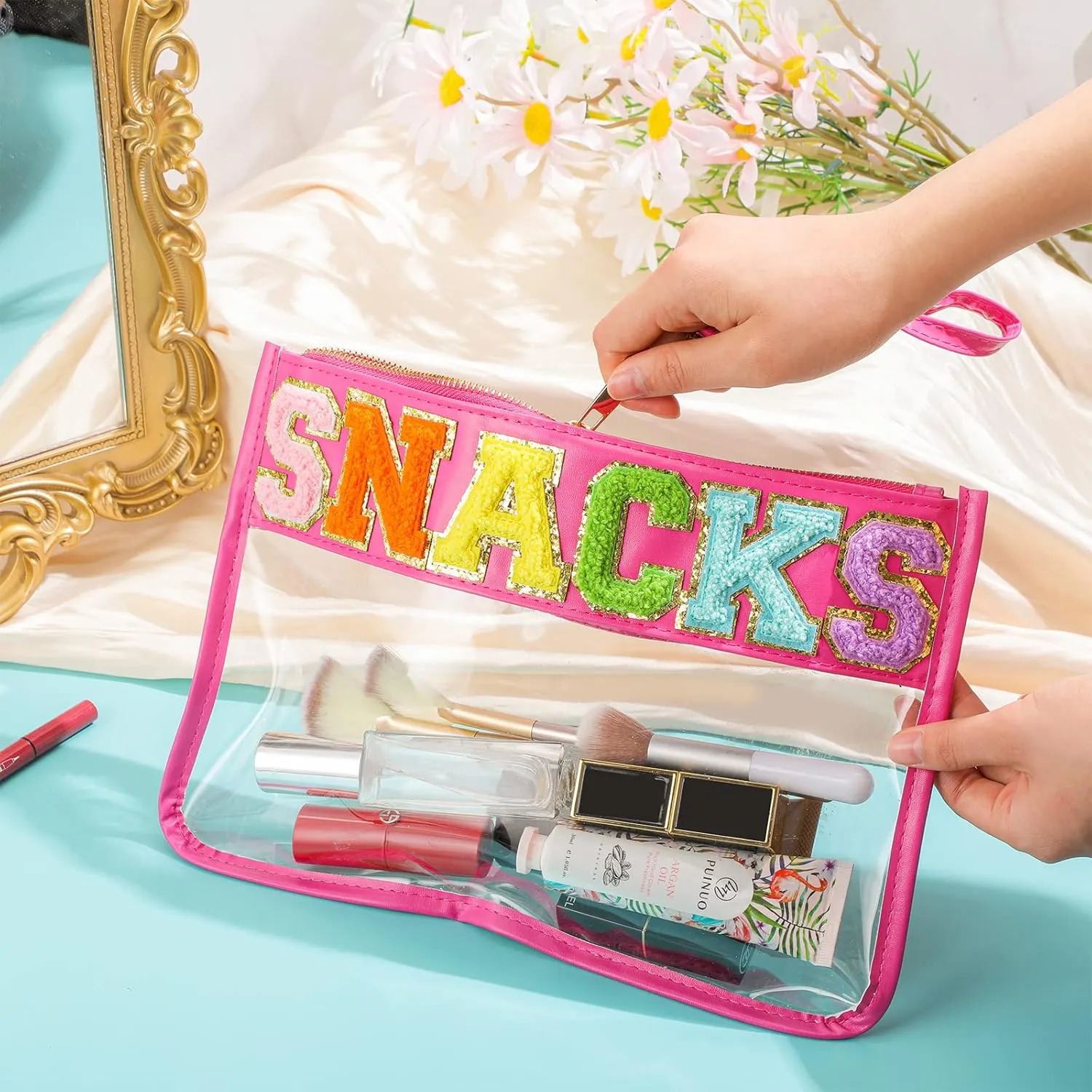 Sanwuta 2 Pcs Chenille Letter Clear Zipper Pouch Clear Cosmetic Bag Makeup Letter Bag Stadium Purse Transparent Travel Patch Pouch (Classic Stuff, Snacks,Black, Pink)