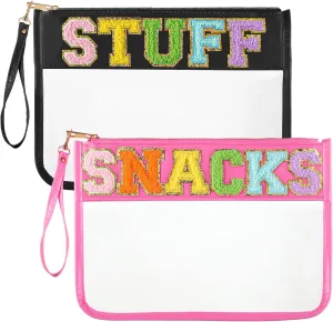 Sanwuta 2 Pcs Chenille Letter Clear Zipper Pouch Clear Cosmetic Bag Makeup Letter Bag Stadium Purse Transparent Travel Patch Pouch (Classic Stuff, Snacks,Black, Pink)