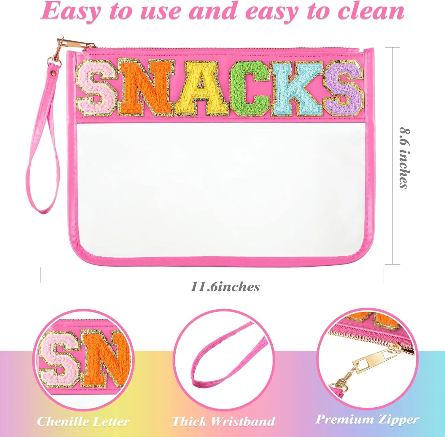 Sanwuta 2 Pcs Chenille Letter Clear Zipper Pouch Clear Cosmetic Bag Makeup Letter Bag Stadium Purse Transparent Travel Patch Pouch (Classic Stuff, Snacks,Black, Pink)