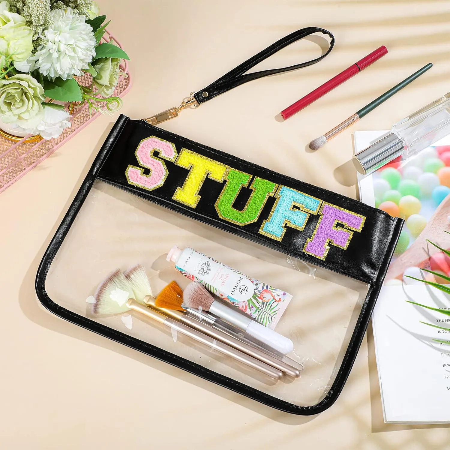 Sanwuta 2 Pcs Chenille Letter Clear Zipper Pouch Clear Cosmetic Bag Makeup Letter Bag Stadium Purse Transparent Travel Patch Pouch (Classic Stuff, Snacks,Black, Pink)