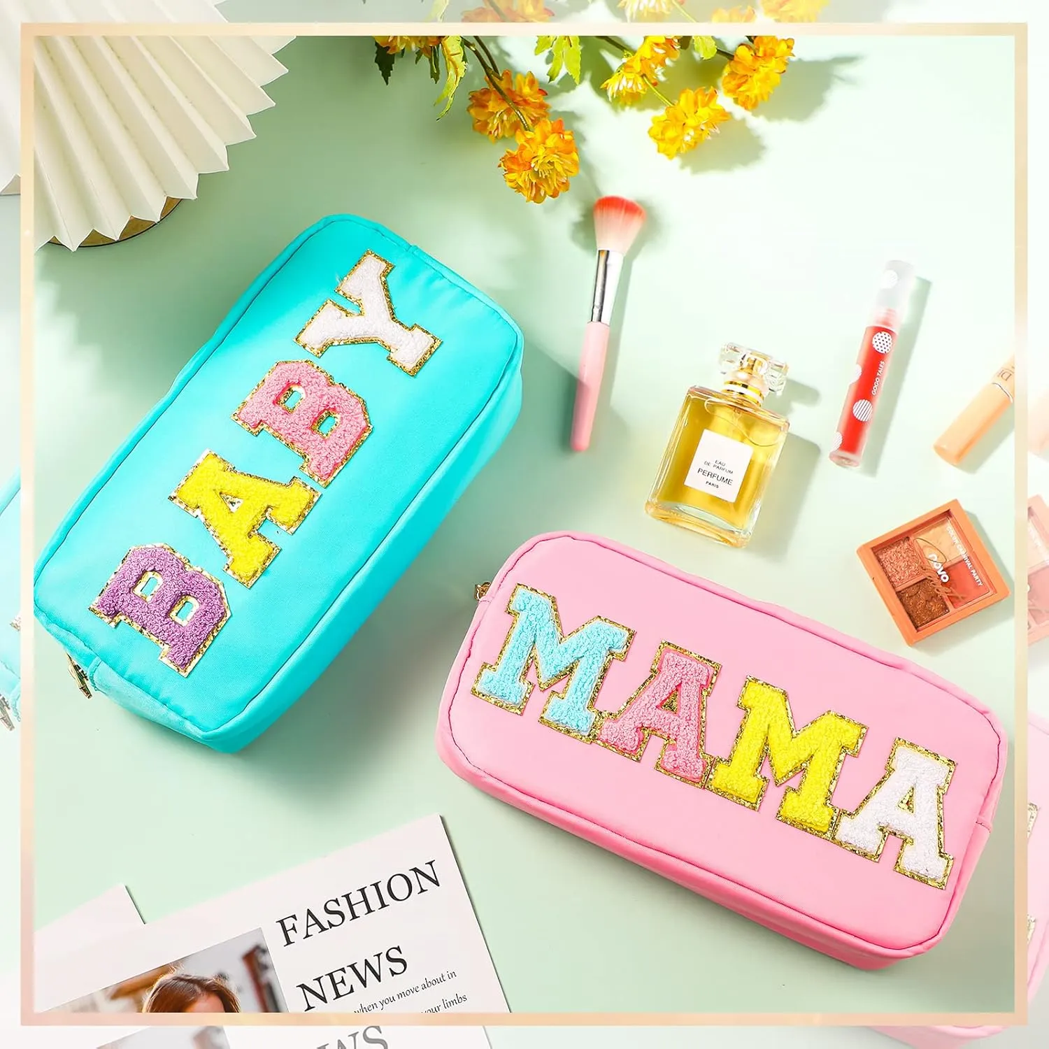 Sanwuta 2 Pieces Mama Gifts Makeup Bag Mom Birthday Gifts Nylon Cosmetic Bag Mothers Day Appreciation Toiletry Preppy Patch Chenille Letter Pouch for Women Her New Mom(Pink, Blue,Baby and Mama)