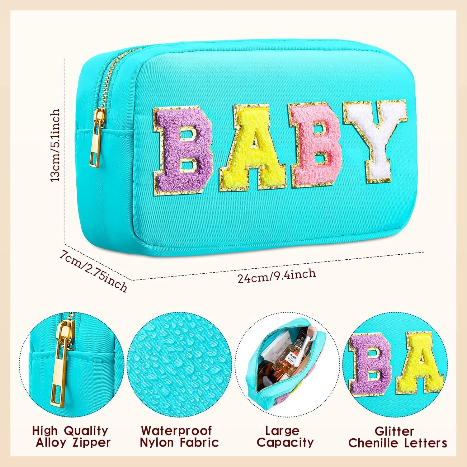 Sanwuta 2 Pieces Mama Gifts Makeup Bag Mom Birthday Gifts Nylon Cosmetic Bag Mothers Day Appreciation Toiletry Preppy Patch Chenille Letter Pouch for Women Her New Mom(Pink, Blue,Baby and Mama)
