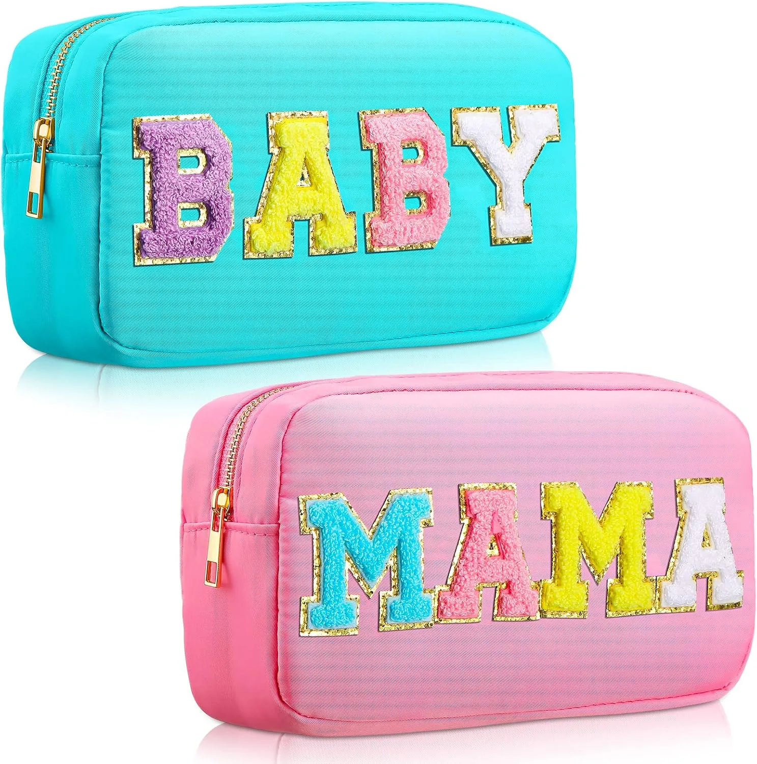Sanwuta 2 Pieces Mama Gifts Makeup Bag Mom Birthday Gifts Nylon Cosmetic Bag Mothers Day Appreciation Toiletry Preppy Patch Chenille Letter Pouch for Women Her New Mom(Pink, Blue,Baby and Mama)