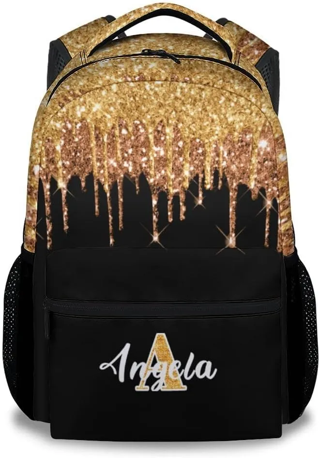 School Bags for Girls - 17 Inch Custom Initials Kid Backpack - Large Capacity, Durable, Lightweight - Black Dripping Bookbag for College, Travel and Camp