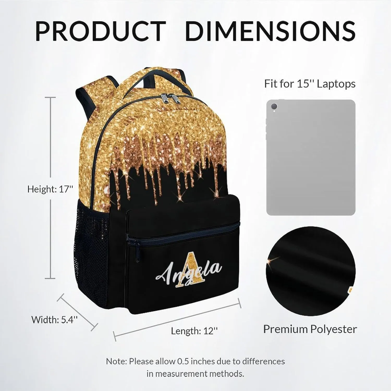 School Bags for Girls - 17 Inch Custom Initials Kid Backpack - Large Capacity, Durable, Lightweight - Black Dripping Bookbag for College, Travel and Camp