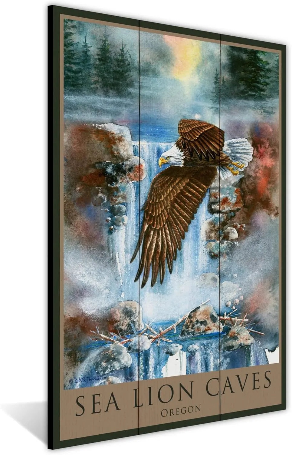 Sea Lion Caves Oregon Eagle Wood Art Print from Watercolor by Artist Dave Bartholet 24" x 36"