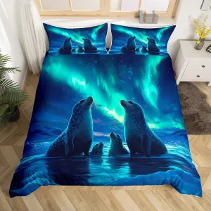 Seal Duvet Cover Set King,Arctic Animals Watercolor Aurora Comforter Cover 3pcs for Boys Teens Youth Child,Glacier Ice Layer Quilt Cover,2 Pillowcases(No Comforter),Wild Seal Family Quilt Cover