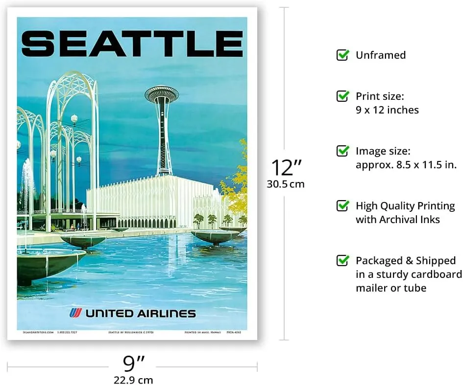Seattle - Space Needle and Seattle Center - United Airlines - Vintage Airline Travel Poster by Albert Hollenbeck c.1970s - Master Art Print (Unframed) 9in x 12in