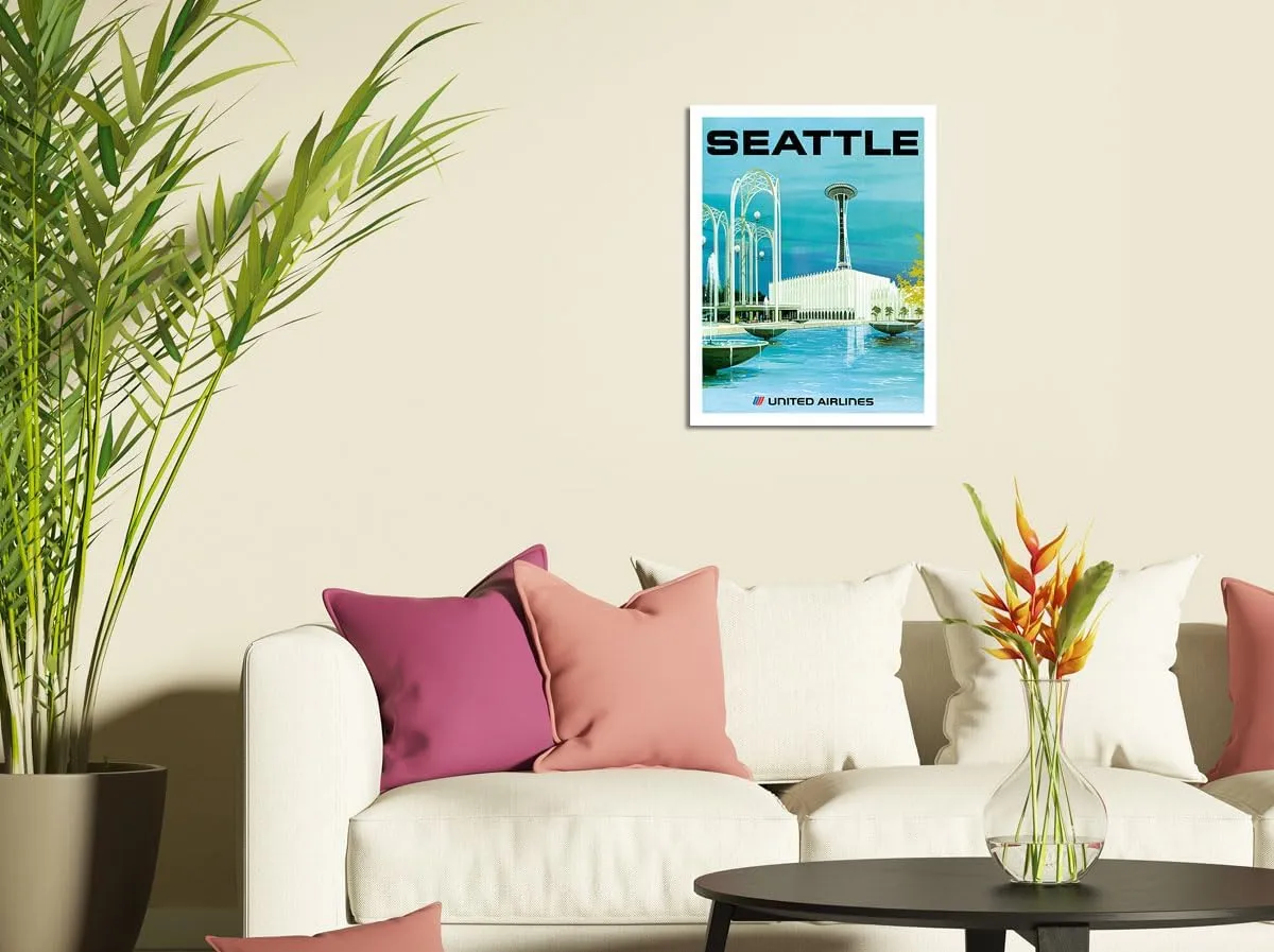Seattle - Space Needle and Seattle Center - United Airlines - Vintage Airline Travel Poster by Albert Hollenbeck c.1970s - Master Art Print (Unframed) 9in x 12in