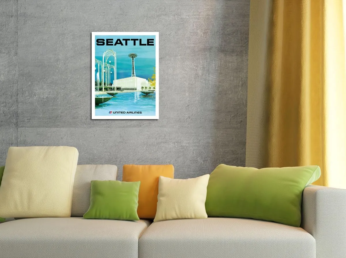 Seattle - Space Needle and Seattle Center - United Airlines - Vintage Airline Travel Poster by Albert Hollenbeck c.1970s - Master Art Print (Unframed) 9in x 12in