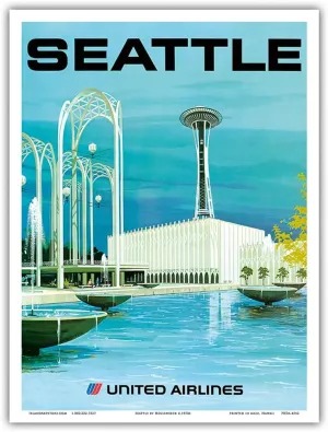 Seattle - Space Needle and Seattle Center - United Airlines - Vintage Airline Travel Poster by Albert Hollenbeck c.1970s - Master Art Print (Unframed) 9in x 12in
