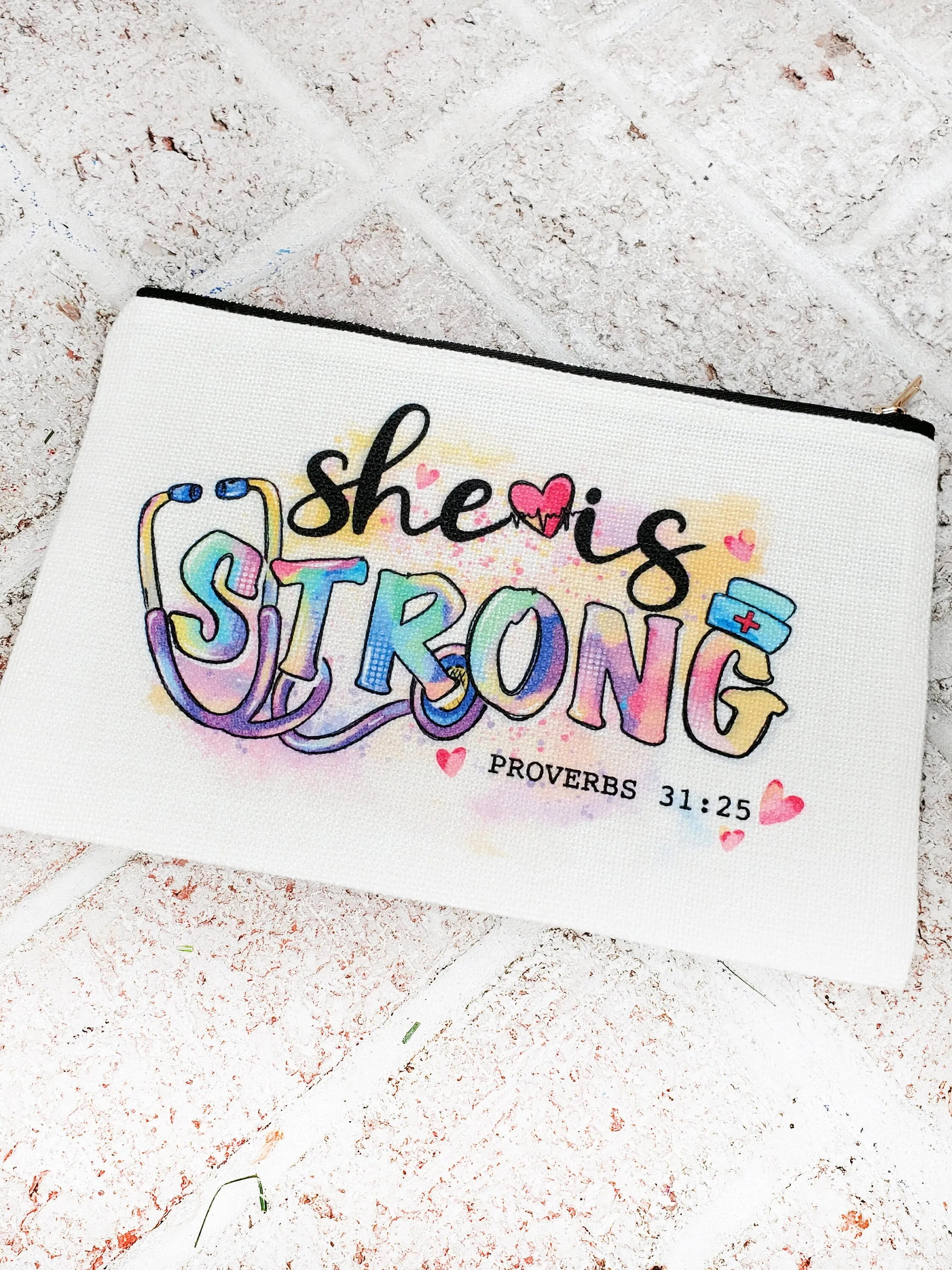 She is strong, Nurse make up bag, nurse essentials bag, nurse care kit, Nurse gifts, Nursing gift, gifts for nurse, proverbs 31:25 gift
