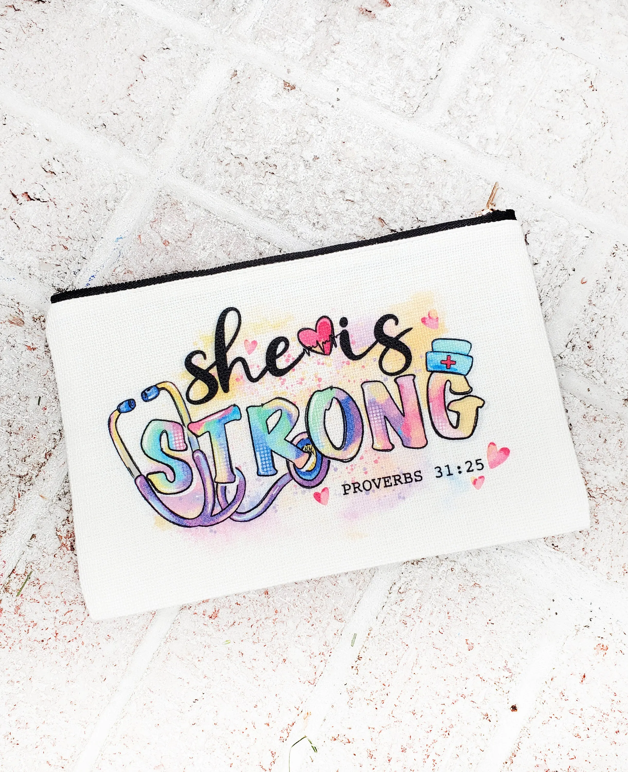 She is strong, Nurse make up bag, nurse essentials bag, nurse care kit, Nurse gifts, Nursing gift, gifts for nurse, proverbs 31:25 gift