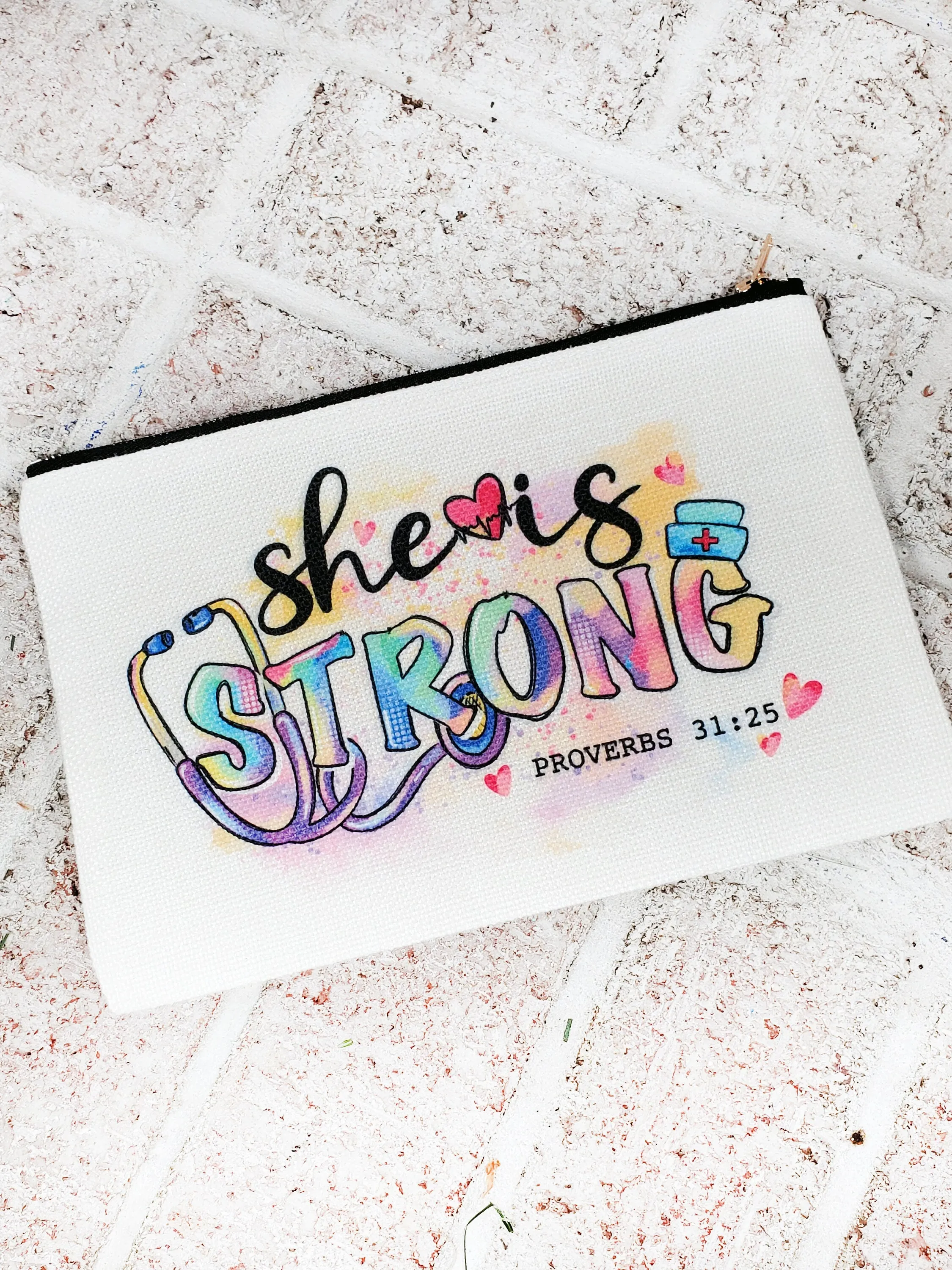 She is strong, Nurse make up bag, nurse essentials bag, nurse care kit, Nurse gifts, Nursing gift, gifts for nurse, proverbs 31:25 gift