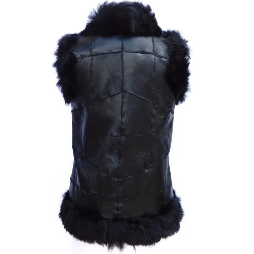 Sheepskin Shearling Real Fur Leather Black Winter Warm Womens Vest