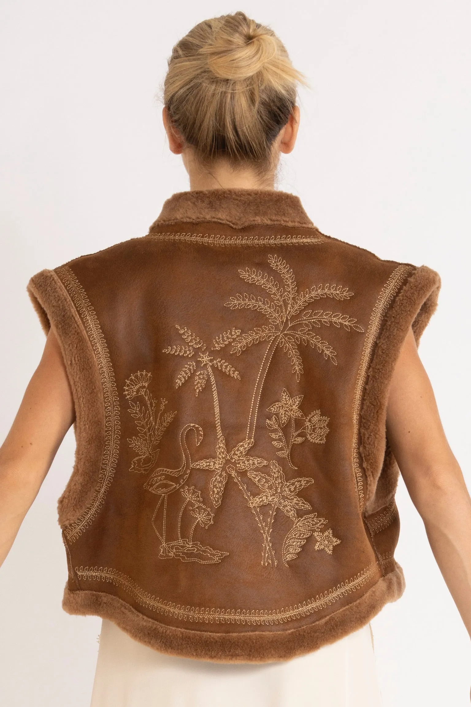 Shiloh Embroidered Faux-Shearling Vest