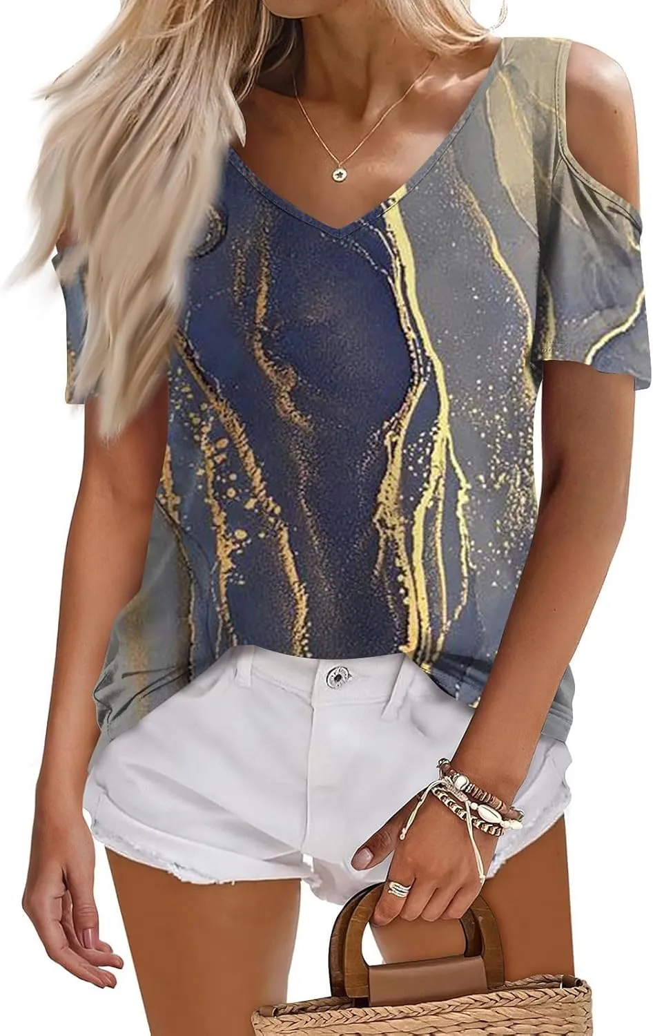 Shirts for Women Trendy Summer Causal V Neck Cold Shoulder Gradient Color Elegant Tops Slim Fit Short Sleeve Blouses
