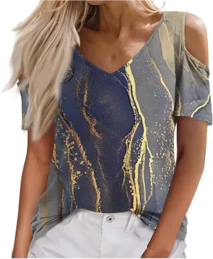 Shirts for Women Trendy Summer Causal V Neck Cold Shoulder Gradient Color Elegant Tops Slim Fit Short Sleeve Blouses