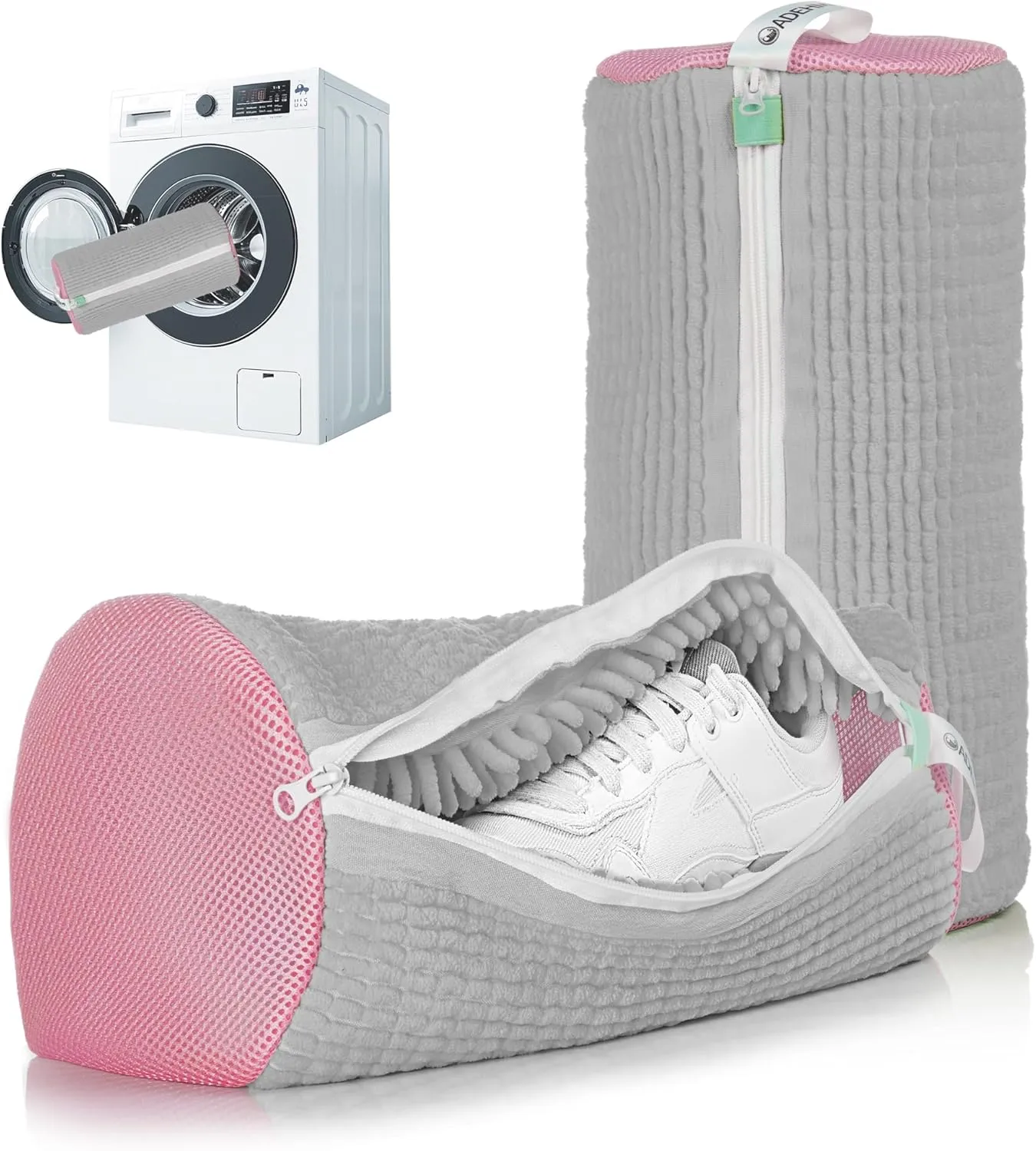 Shoe Washing Machine Bag, Shoe Bags for Washing Machine, Shoe Cleaning Bag, Elongated Thicken Microfiber Fluff and Suitable for Multiple Grey and Pink Shoes (2pcs, Greyish Pink)