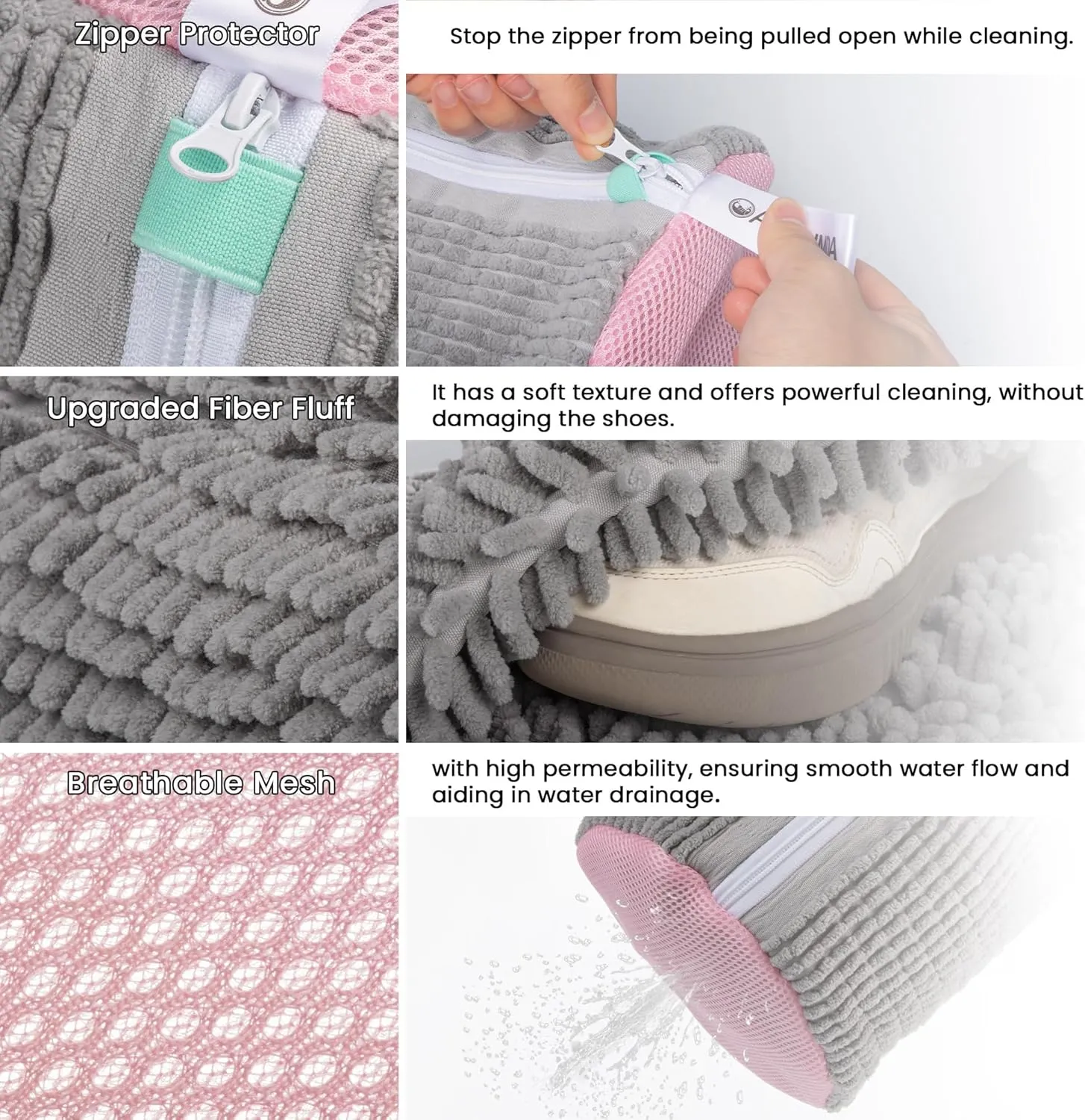 Shoe Washing Machine Bag, Shoe Bags for Washing Machine, Shoe Cleaning Bag, Elongated Thicken Microfiber Fluff and Suitable for Multiple Grey and Pink Shoes (2pcs, Greyish Pink)