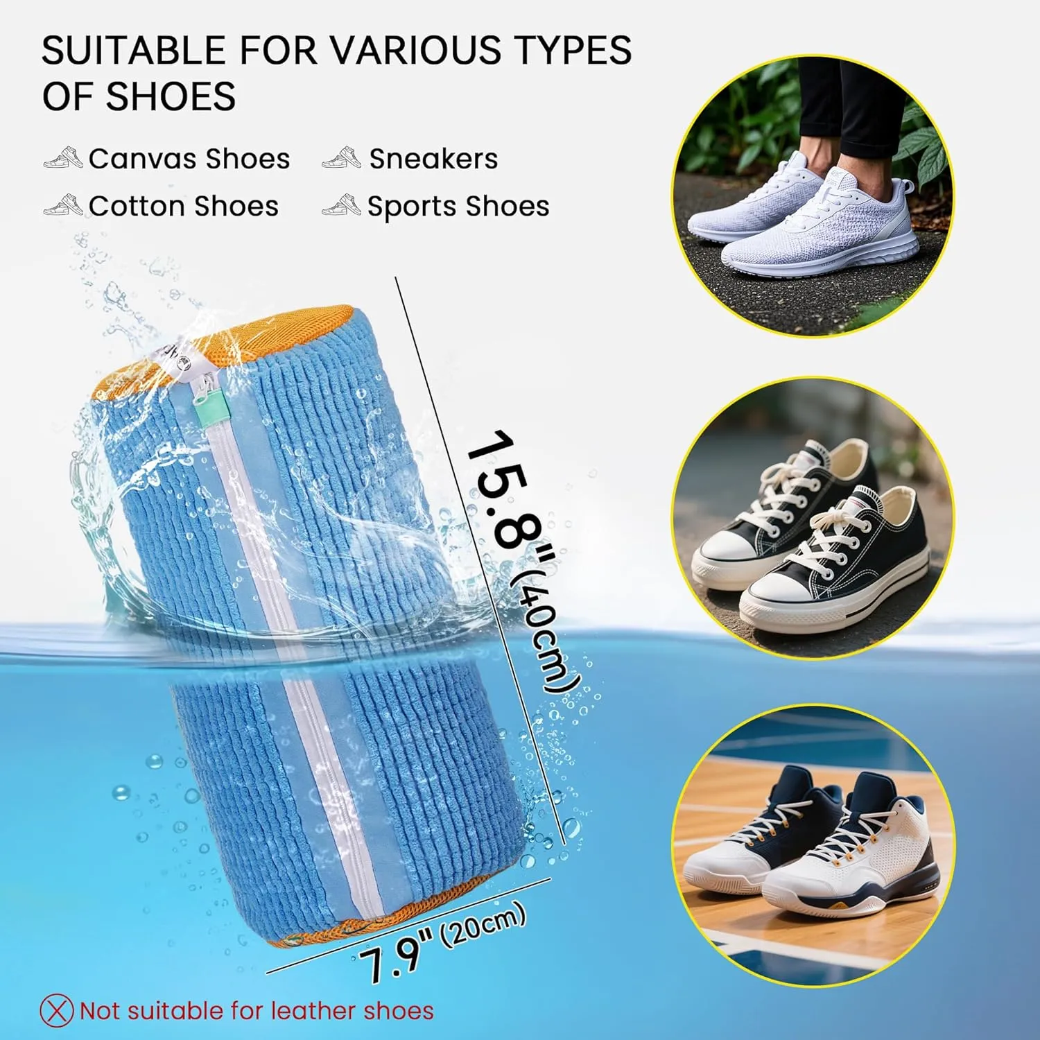 Shoe Washing Machine Bag, Washing Machine Shoe Bag, Washer and Dryer Shoe Cleaning Bag with Zip, Extra Long and Thick Microfibre Fluff, Suitable for Multiple Blue Shoes (2pcs, Blueish Yellow)