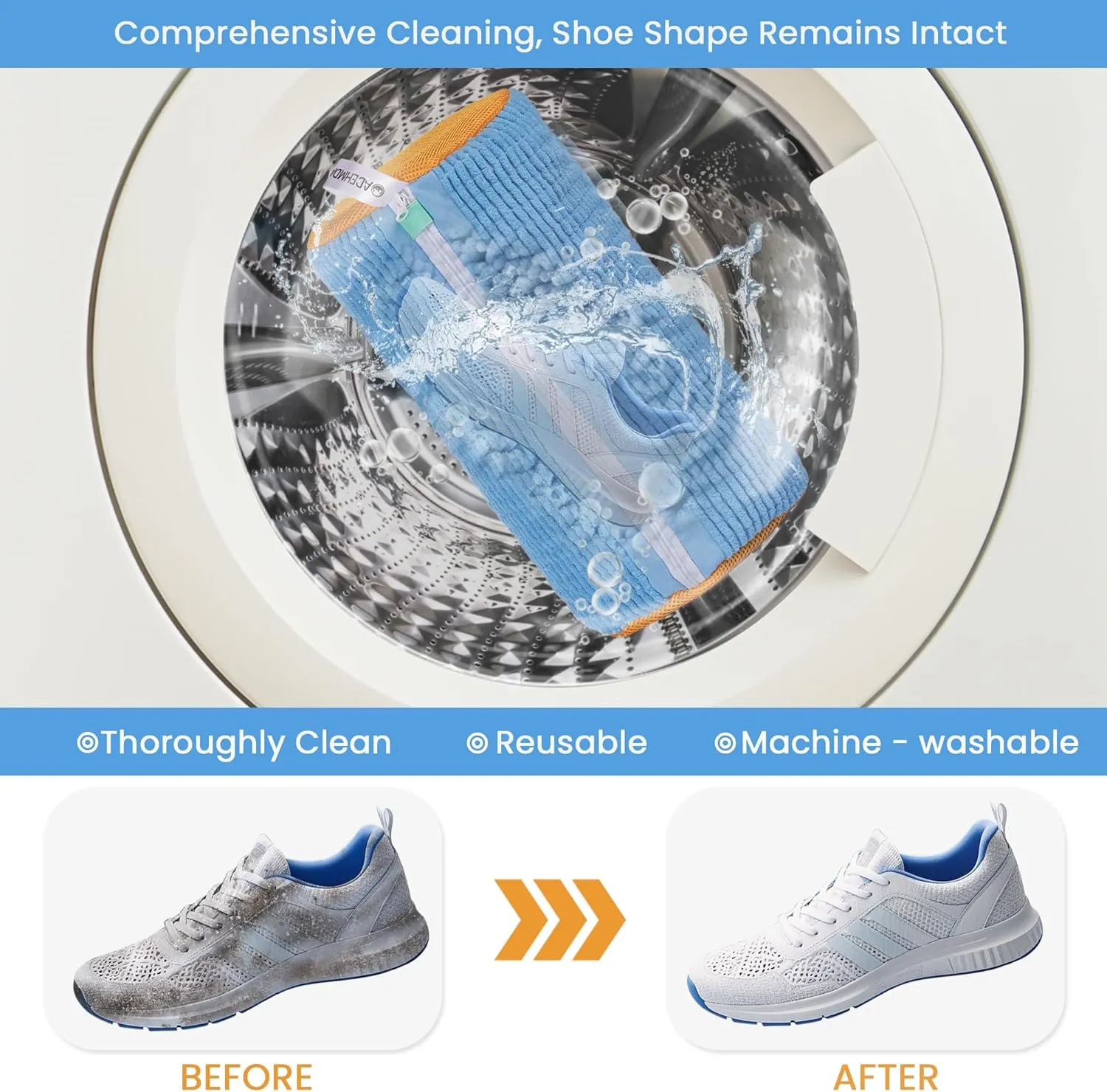 Shoe Washing Machine Bag, Washing Machine Shoe Bag, Washer and Dryer Shoe Cleaning Bag with Zip, Extra Long and Thick Microfibre Fluff, Suitable for Multiple Blue Shoes (2pcs, Blueish Yellow)