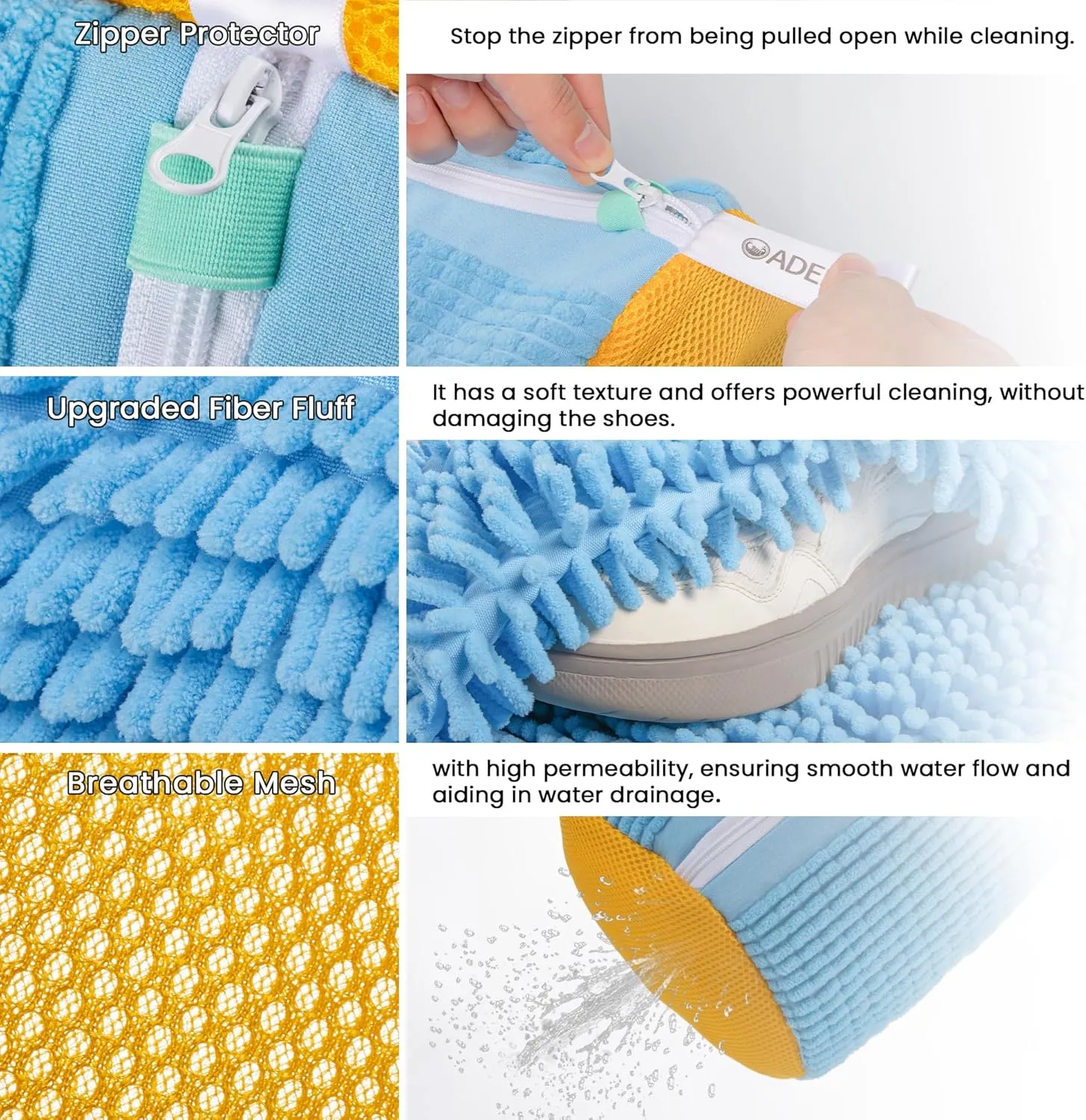 Shoe Washing Machine Bag, Washing Machine Shoe Bag, Washer and Dryer Shoe Cleaning Bag with Zip, Extra Long and Thick Microfibre Fluff, Suitable for Multiple Blue Shoes (2pcs, Blueish Yellow)