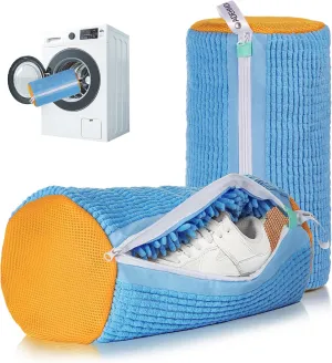 Shoe Washing Machine Bag, Washing Machine Shoe Bag, Washer and Dryer Shoe Cleaning Bag with Zip, Extra Long and Thick Microfibre Fluff, Suitable for Multiple Blue Shoes (2pcs, Blueish Yellow)