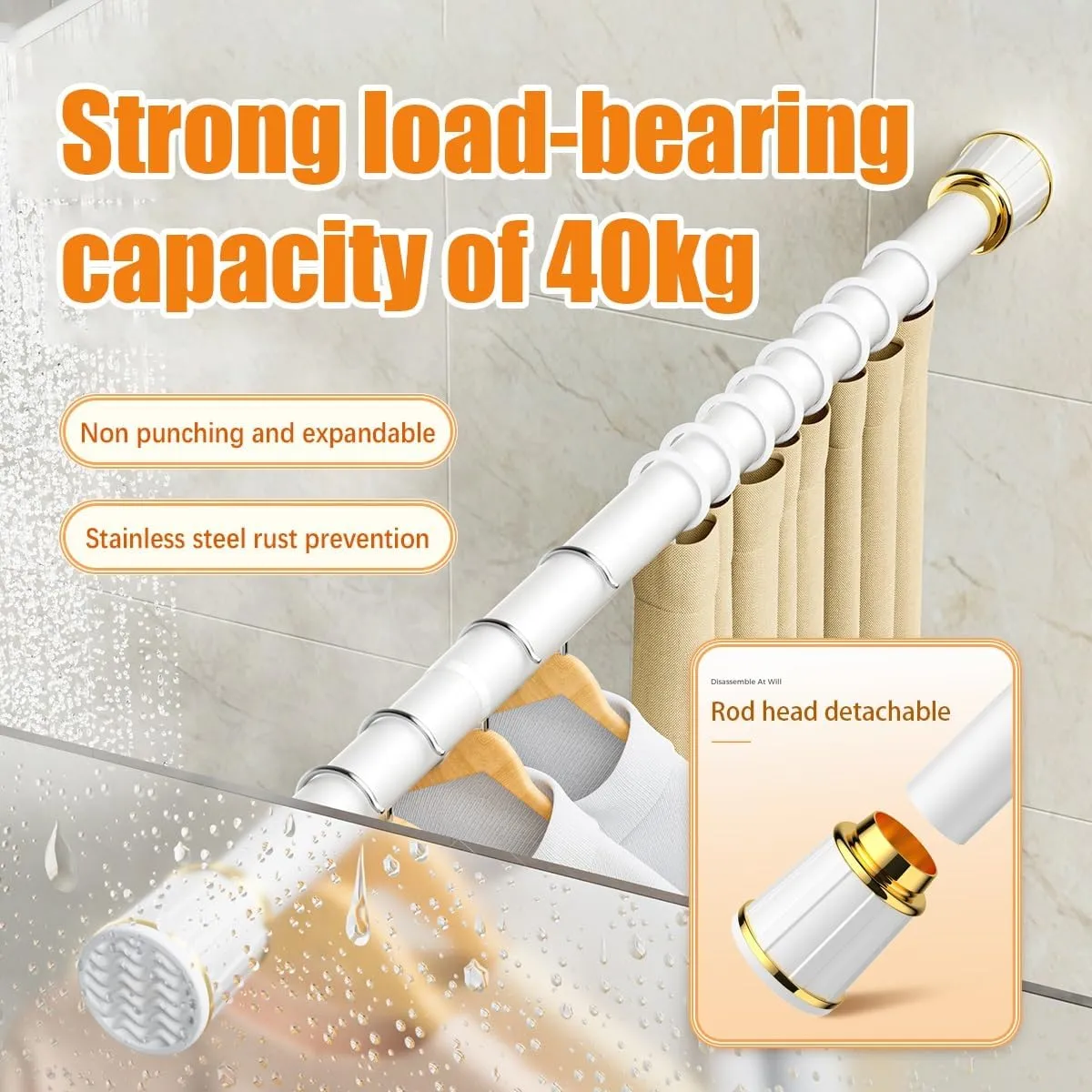Shower Curtain Rod Tension Curtain Rod Spring No Drill, Non-slip, Stainless Steel Extendable 16-196in Curtain Rod for Bathroom Rods Shower Rods Tensions Rod (Color : Ice Lake Green, Size : 43-78in 2