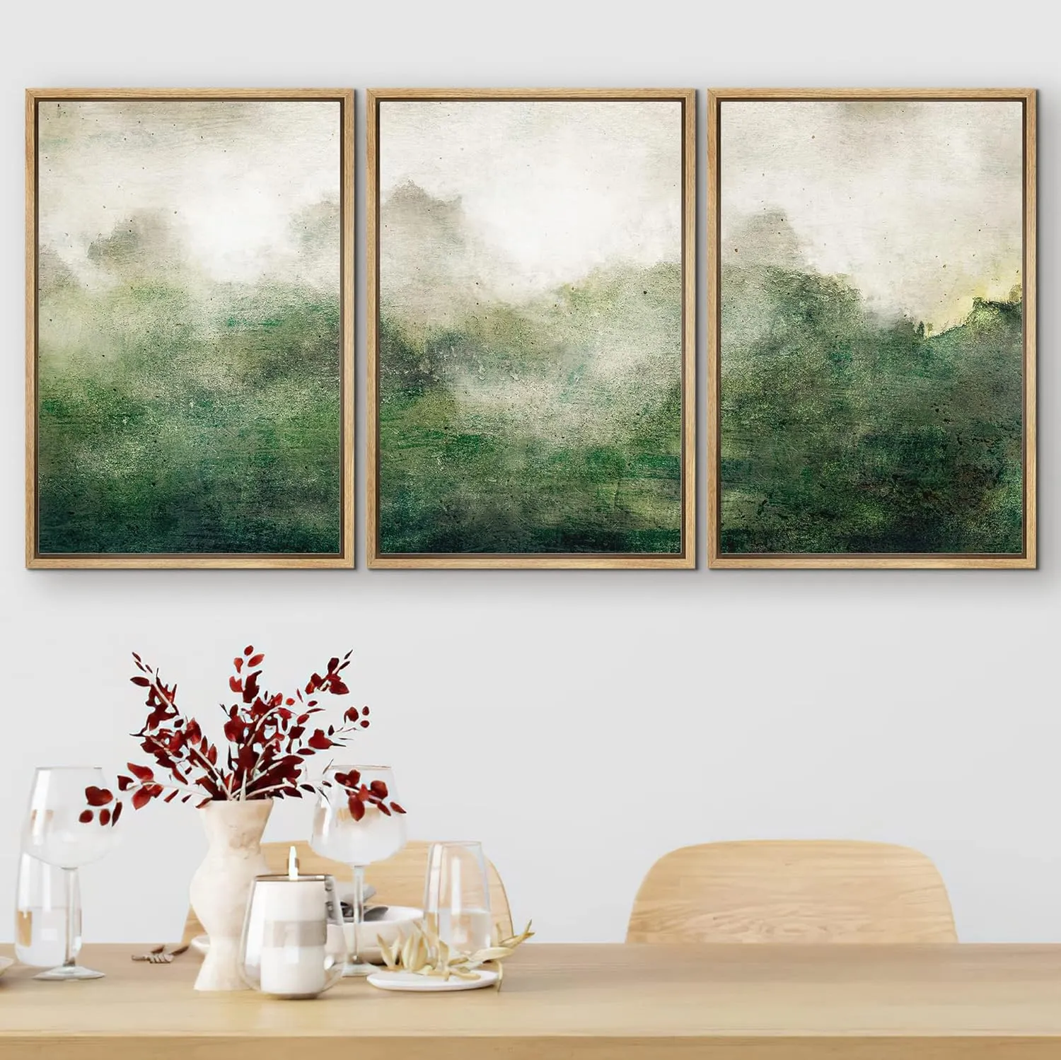 SIGNFORD Framed Canvas Print Wall Art Set Forest Green Watercolor Pastel Landscape Shapes Abstract Illustrations Modern Art Minimal Relax/Calm for Living Room, Bedroom, Office - 16"x24"x3 Natural