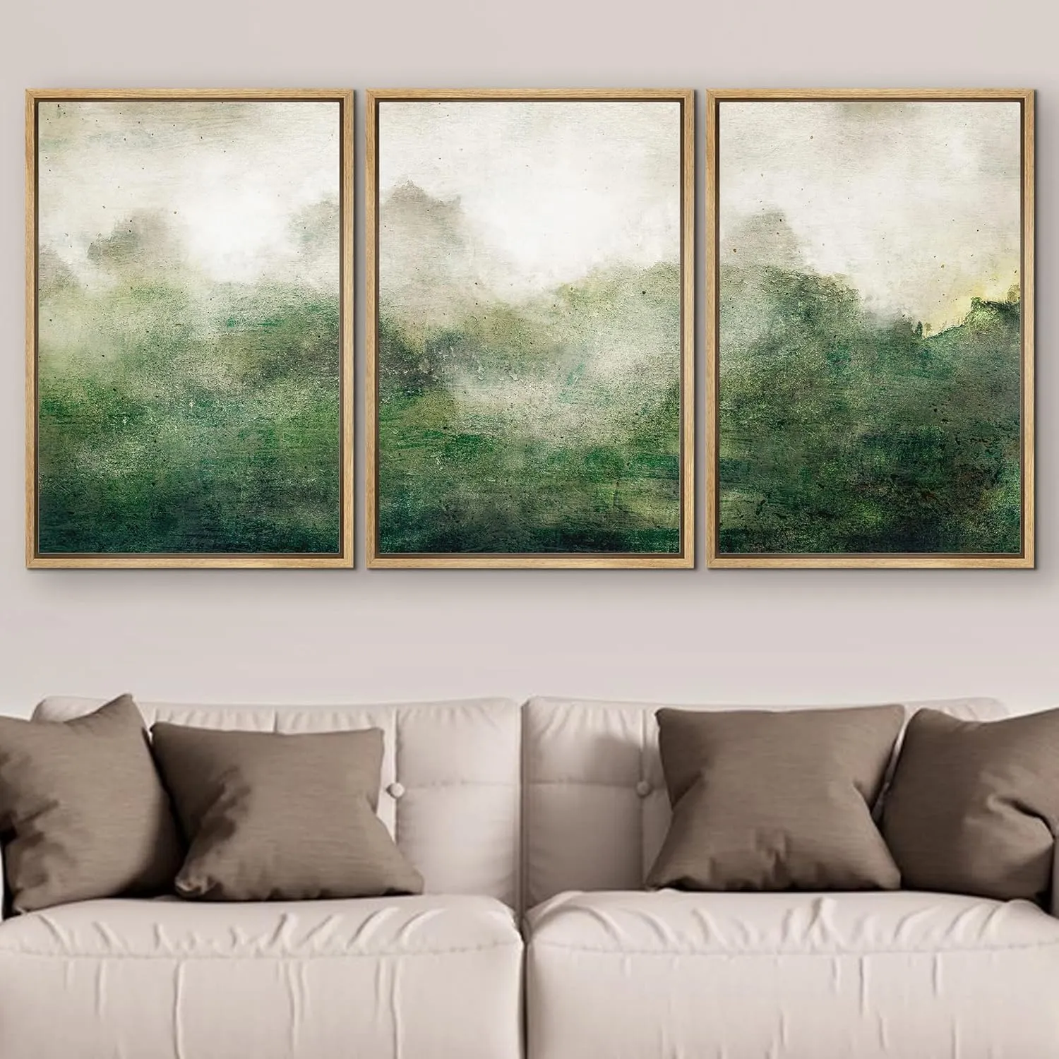 SIGNFORD Framed Canvas Print Wall Art Set Forest Green Watercolor Pastel Landscape Shapes Abstract Illustrations Modern Art Minimal Relax/Calm for Living Room, Bedroom, Office - 16"x24"x3 Natural