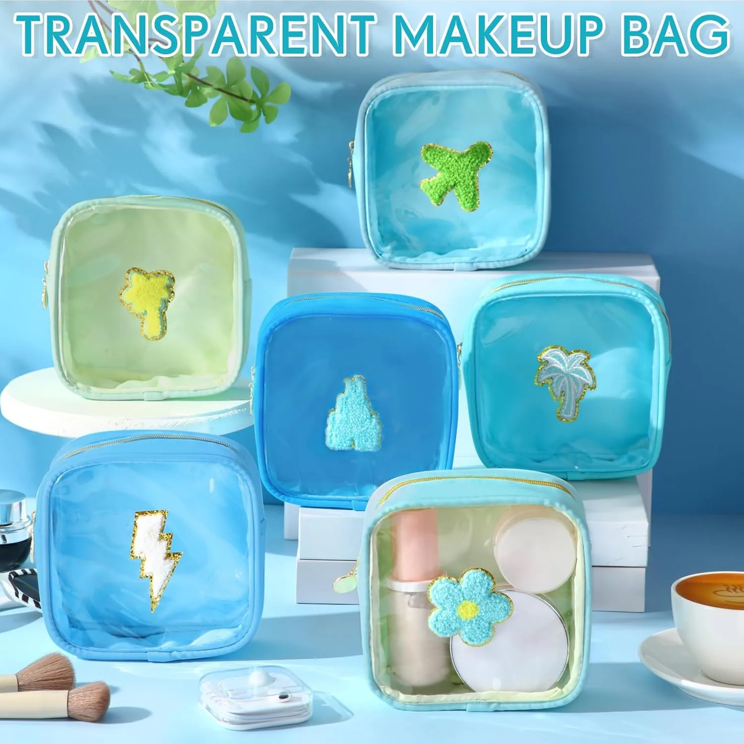 Silkfly 6 Pcs Preppy Patch Makeup Bag Mini Clear Chenille Letter Pouch Cute Cosmetic Bag with Zipper Small Transparent Toiletry Bags for Travel Women, 4.7 x 5.12 Inches(Fresh Colors,Style 3)